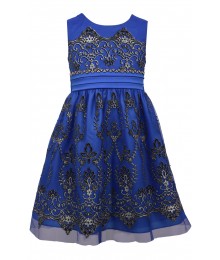 Bonnie Jean Blue Embroidered Mesh Flocked Dress 